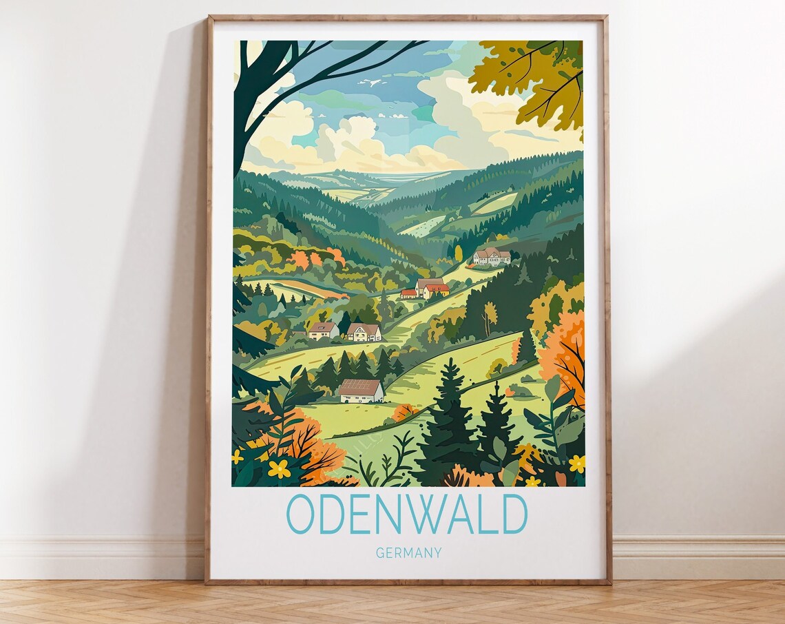 Odenwald Forest Valley Village Illustration Germany Travel Poster