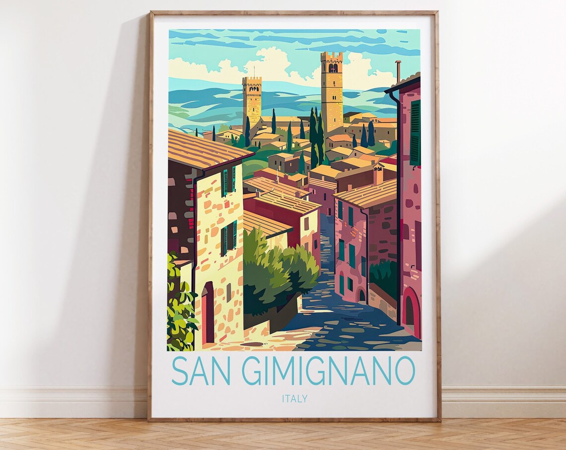 San Gimignano Italy Medieval Towers Cobblestone Vintage Travel Poster
