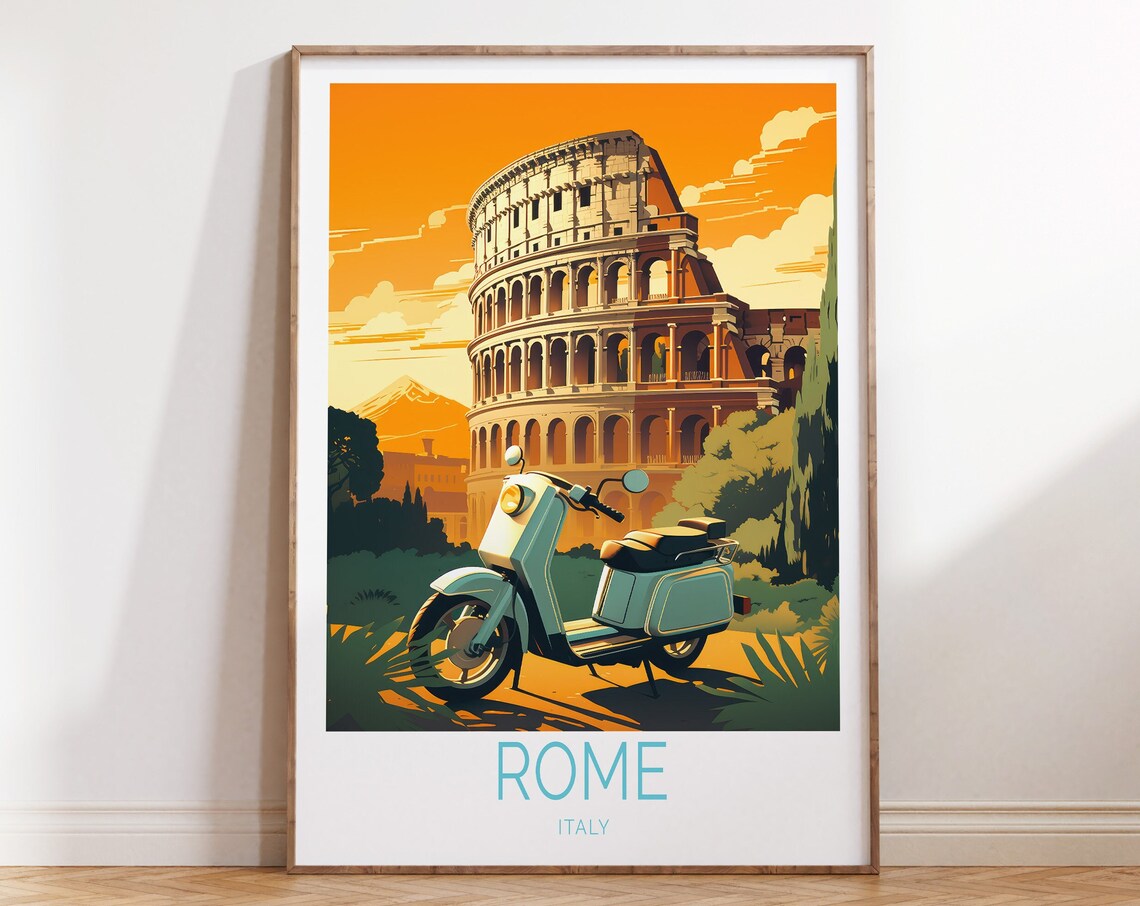 Rome Italy Travel Poster Colosseum With Vintage Scooter Sunset Scene