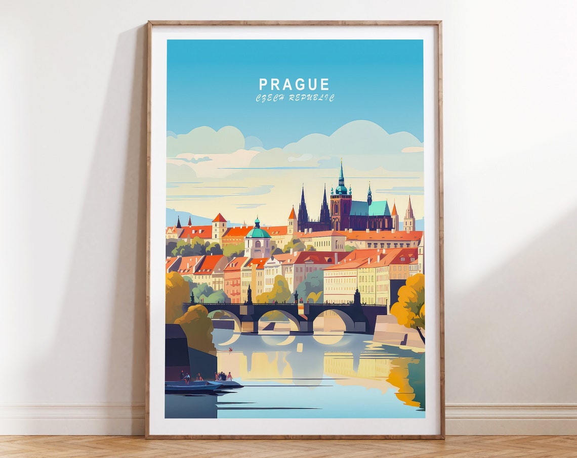 Prague Czech Republic Castle River Vintage Travel Art Poster