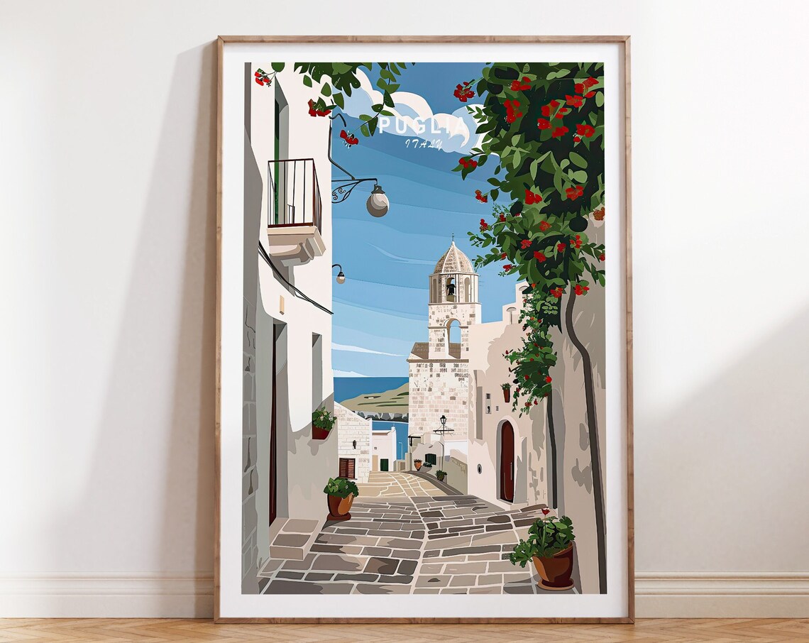 Puglia Italy Old Town Bell Tower Bougainvillea Travel Poster