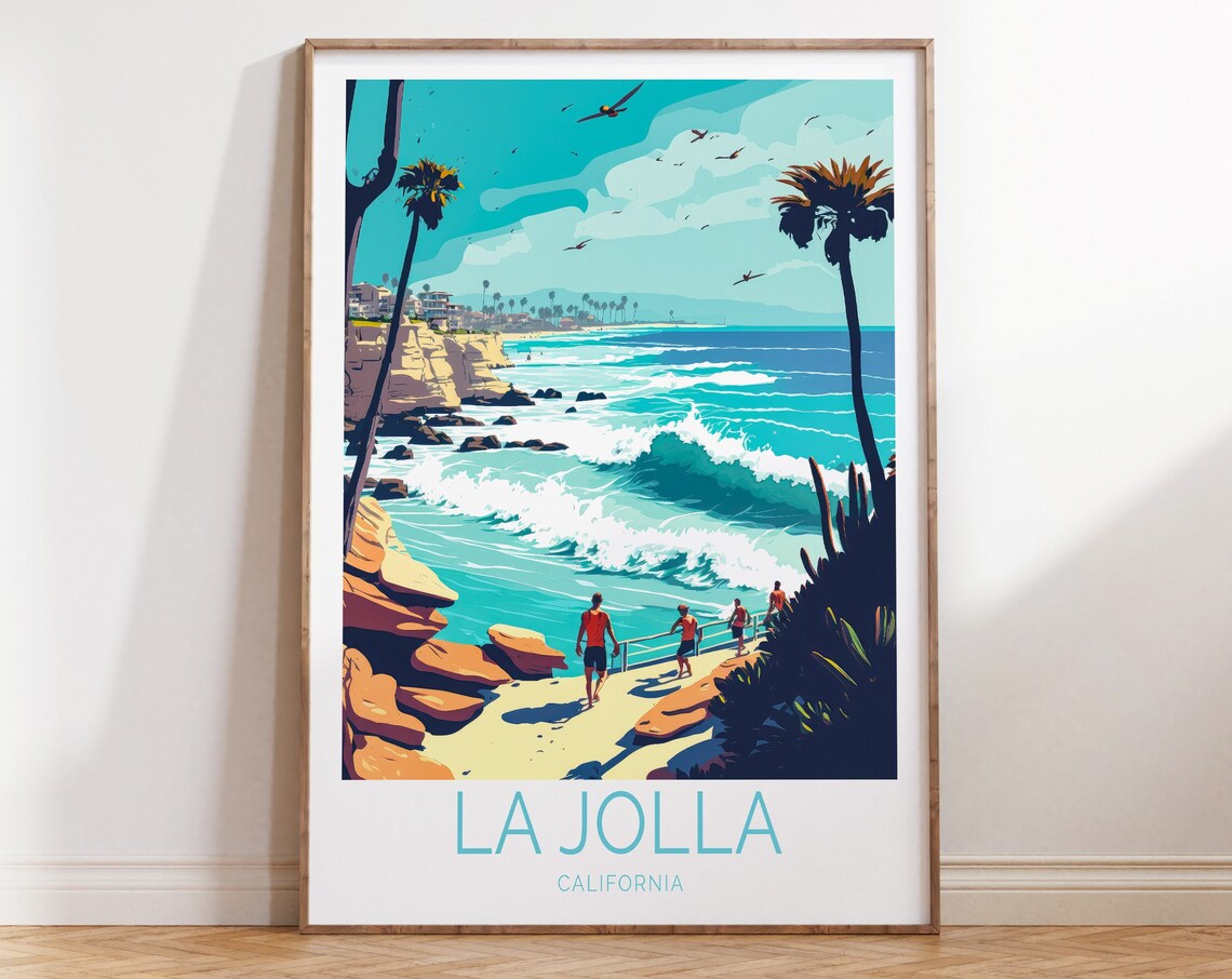 La Jolla California Coastal Travel Poster, Surfing Scene