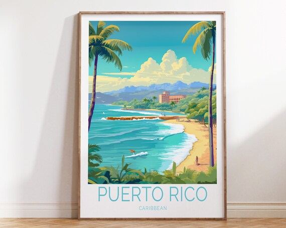 Puerto Rico Caribbean Palm Beach Surfer Vintage Travel Poster