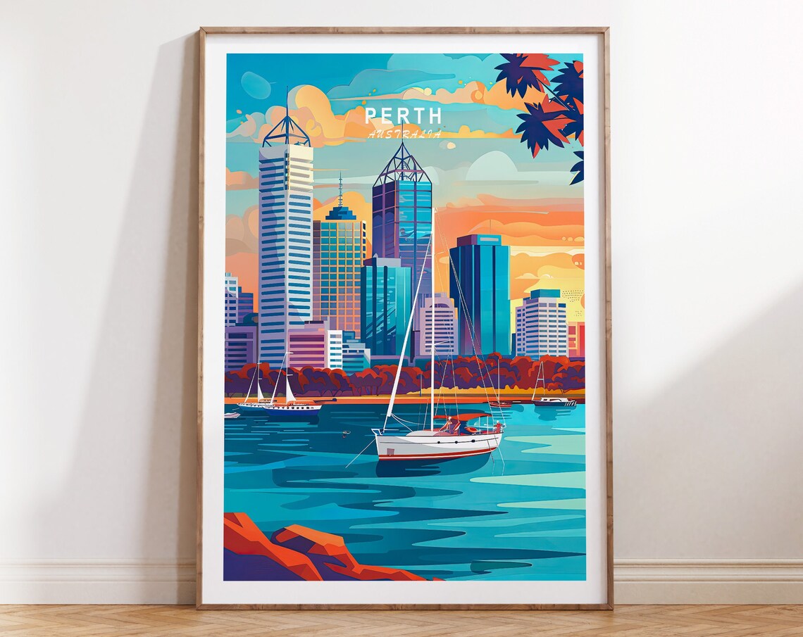 Perth Australia Swan River Sailboats Sunset Skyline Travel Poster