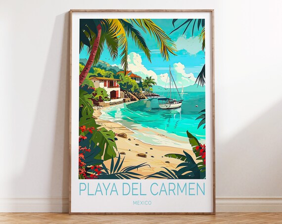 Playa del Carmen Mexico Turquoise Beach Retro Sunny Travel Poster