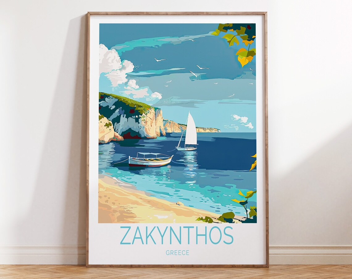 Zakynthos Greece Sailboat Cliffs Turquoise Beach Cove Travel Poster