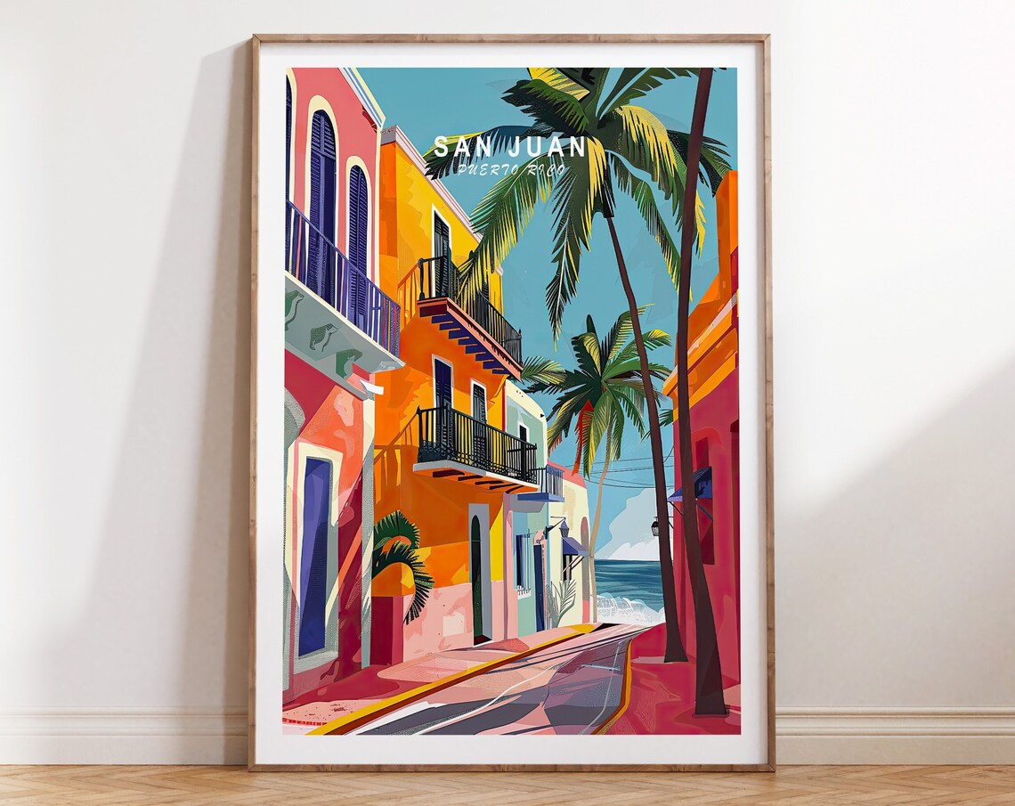 San Juan Puerto Rico Colorful Colonial Street Palm Trees Travel Poster