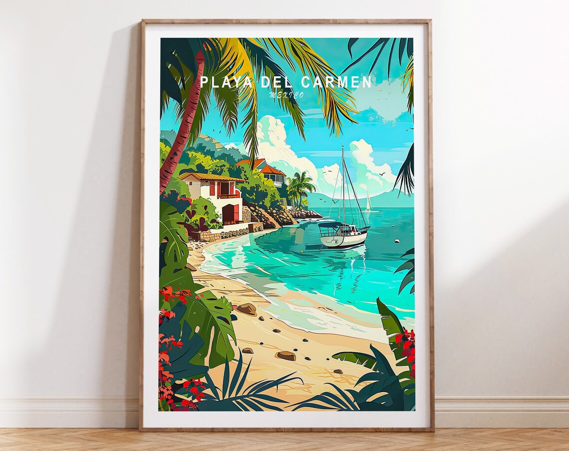 Playa del Carmen Mexico Tropical Beach Palm Trees Coves Travel Poster