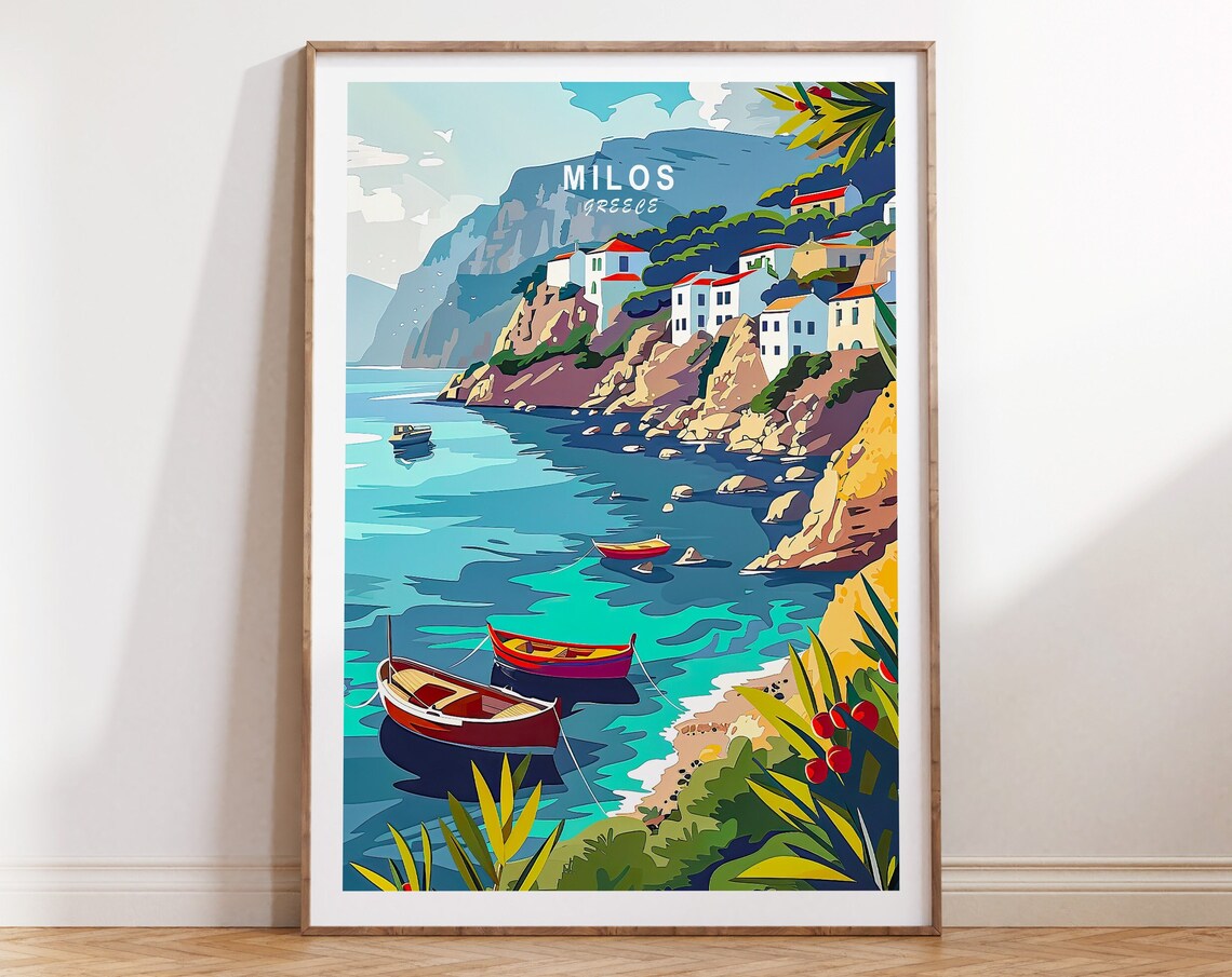 Milos Greece Colorful Boats in a Turquoise Cove Travel Poster