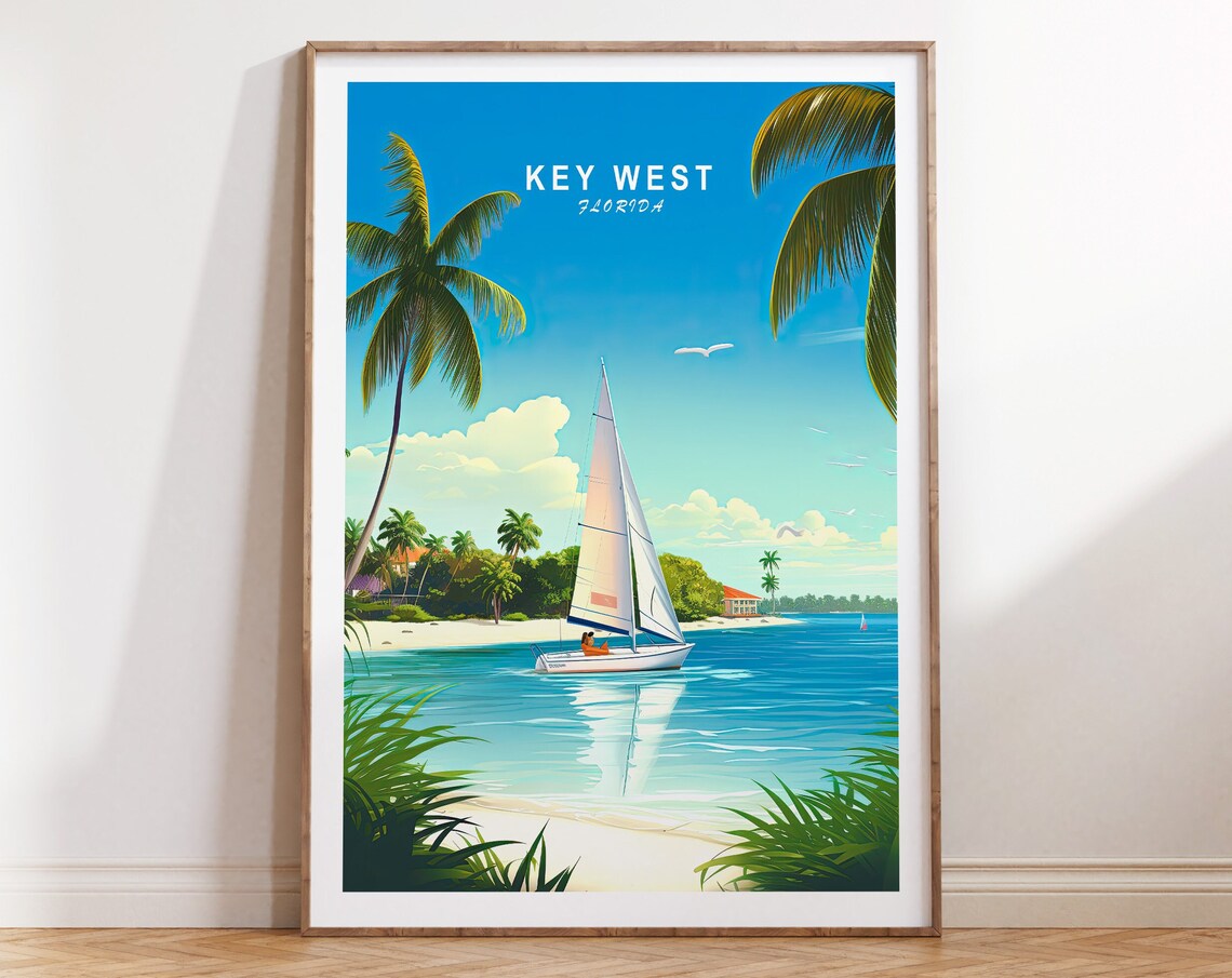 Key West Florida Keys Sailboat and Palms Vintage Travel Poster