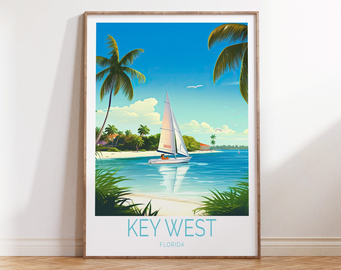 Key West Florida Sailboat Travel Poster Palm Trees Turquoise Beach