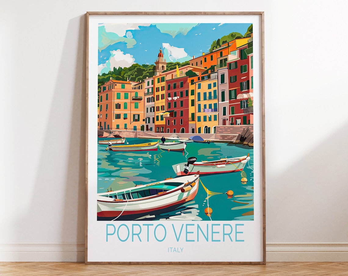Porto Venere Italy Harbor Fishing Boats Colorful Seaside Travel Poster
