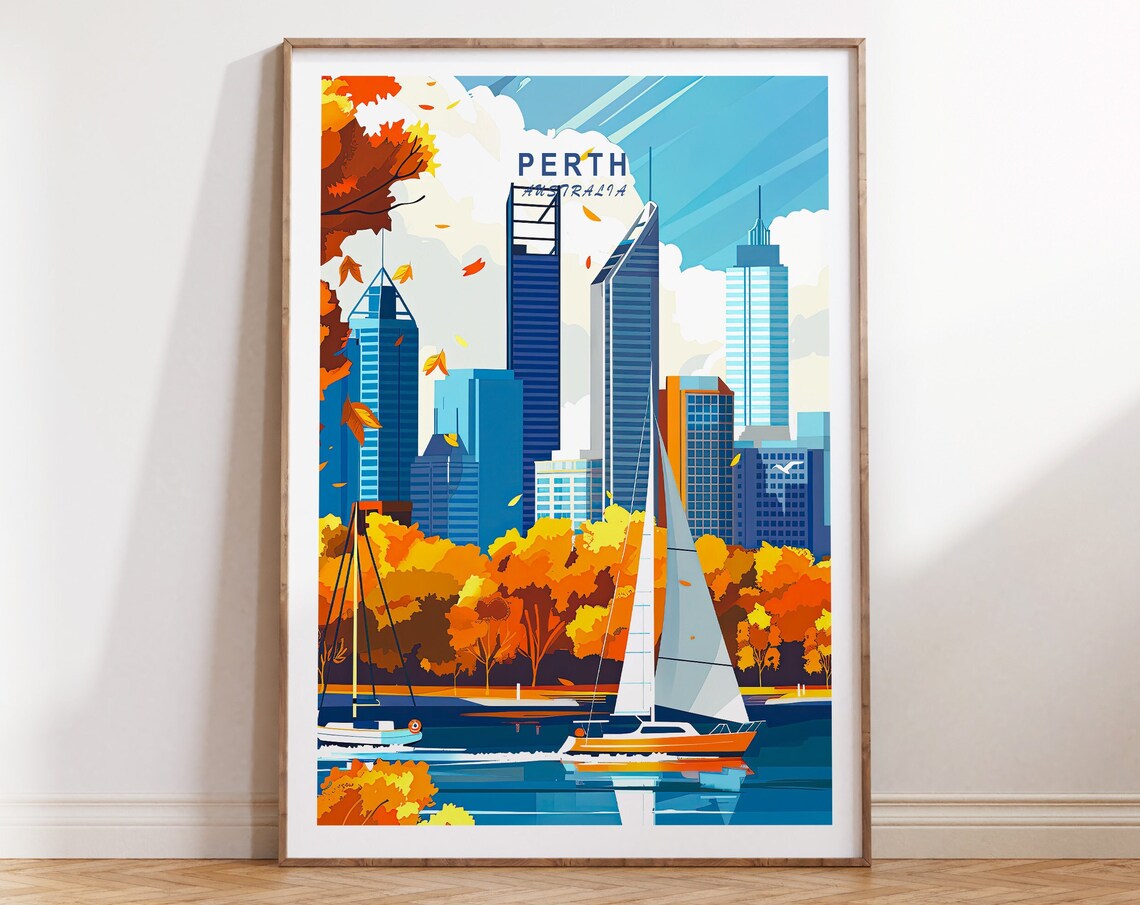 Perth Australia Skyline Autumn Sailboats Harbor Travel Poster