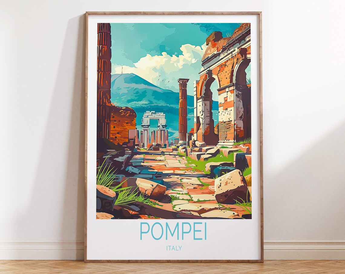 Pompei Italy Ancient Roman Ruins With Vesuvius Travel Poster