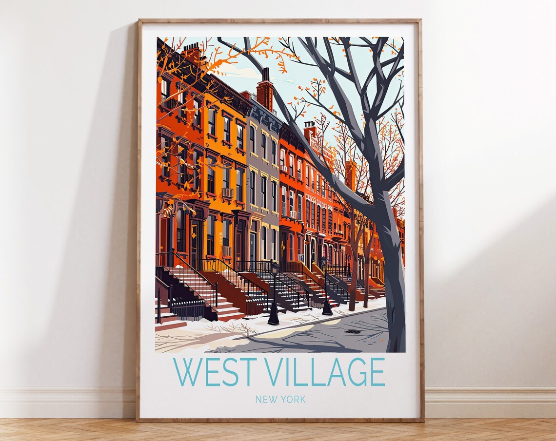 West Village New York Brownstone Winter Street Scene Travel Poster