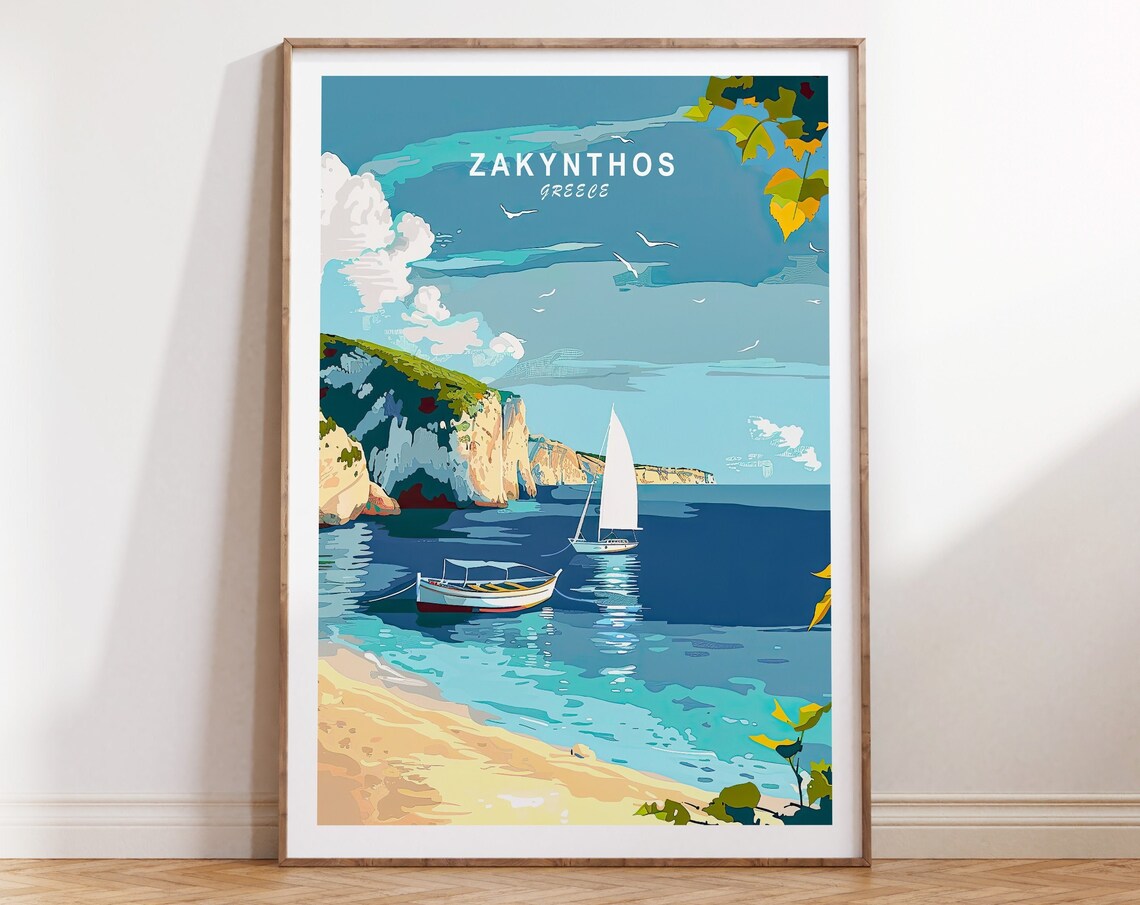 Zakynthos Greece Sailboats Under Sea Cliffs Summer Travel Poster