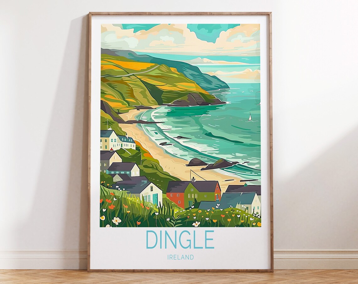 Dingle Ireland Rolling Green Coast Village Vintage Travel Poster