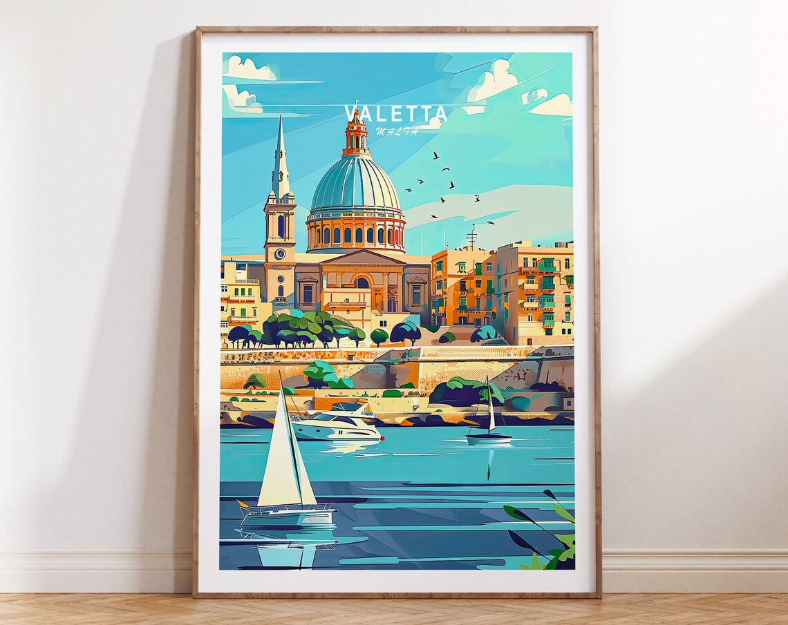 Valletta Malta Harbor Dome Church and Sailboats Travel Poster
