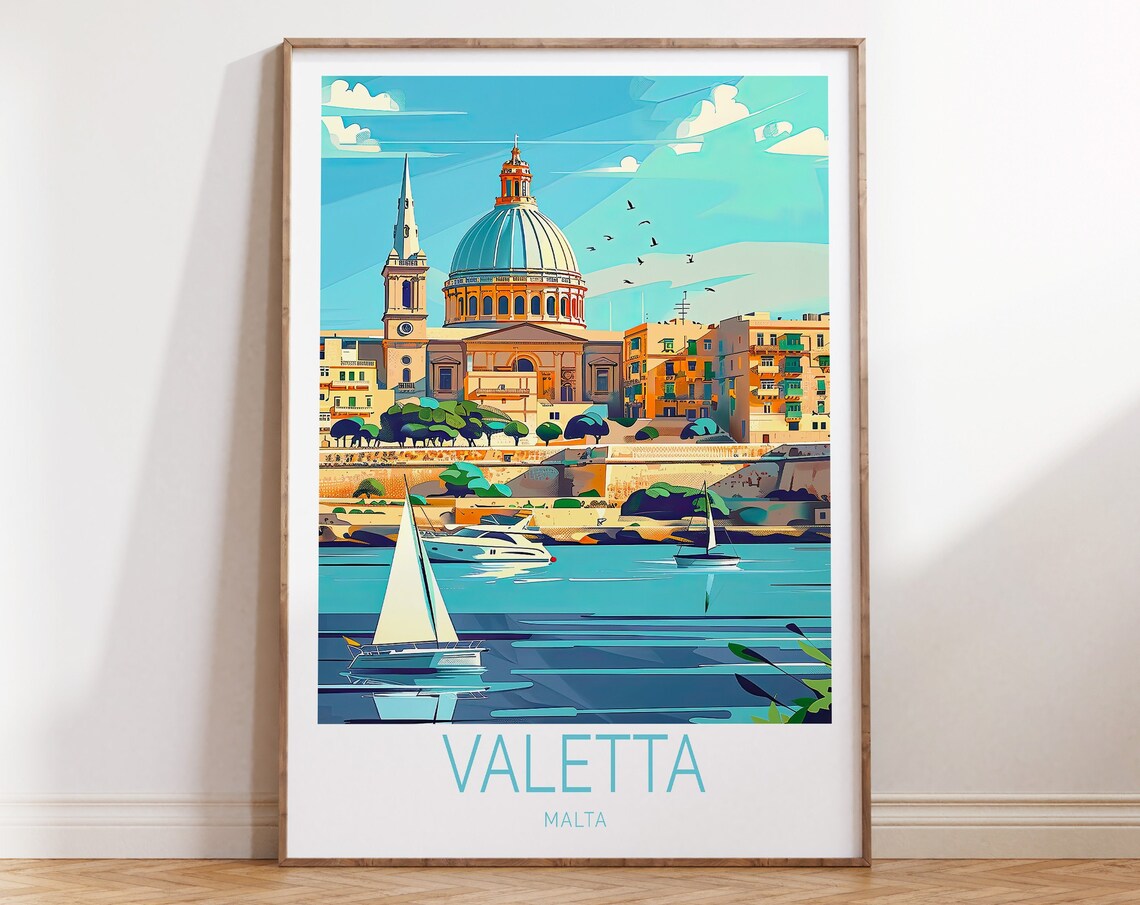 Valetta Malta Harbor Basilica Dome Sailboats Waterfront Travel Poster