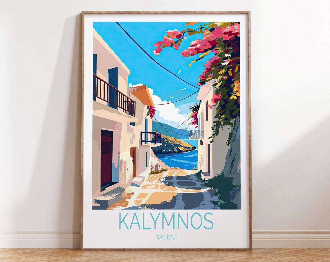 Kalymnos Greece Island Alley Bougainvillea Ocean View Travel Poster