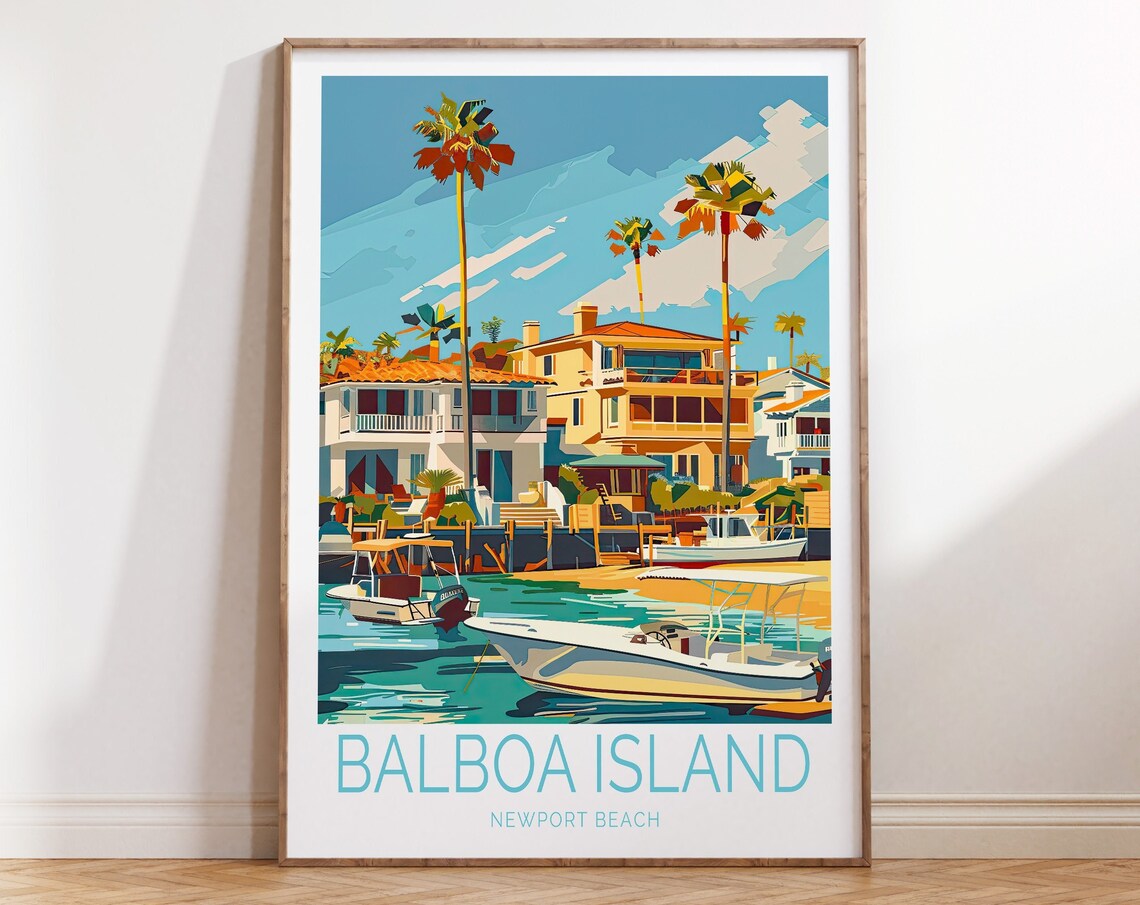 Balboa Island Newport Beach Colorful Harbor Scene Travel Poster