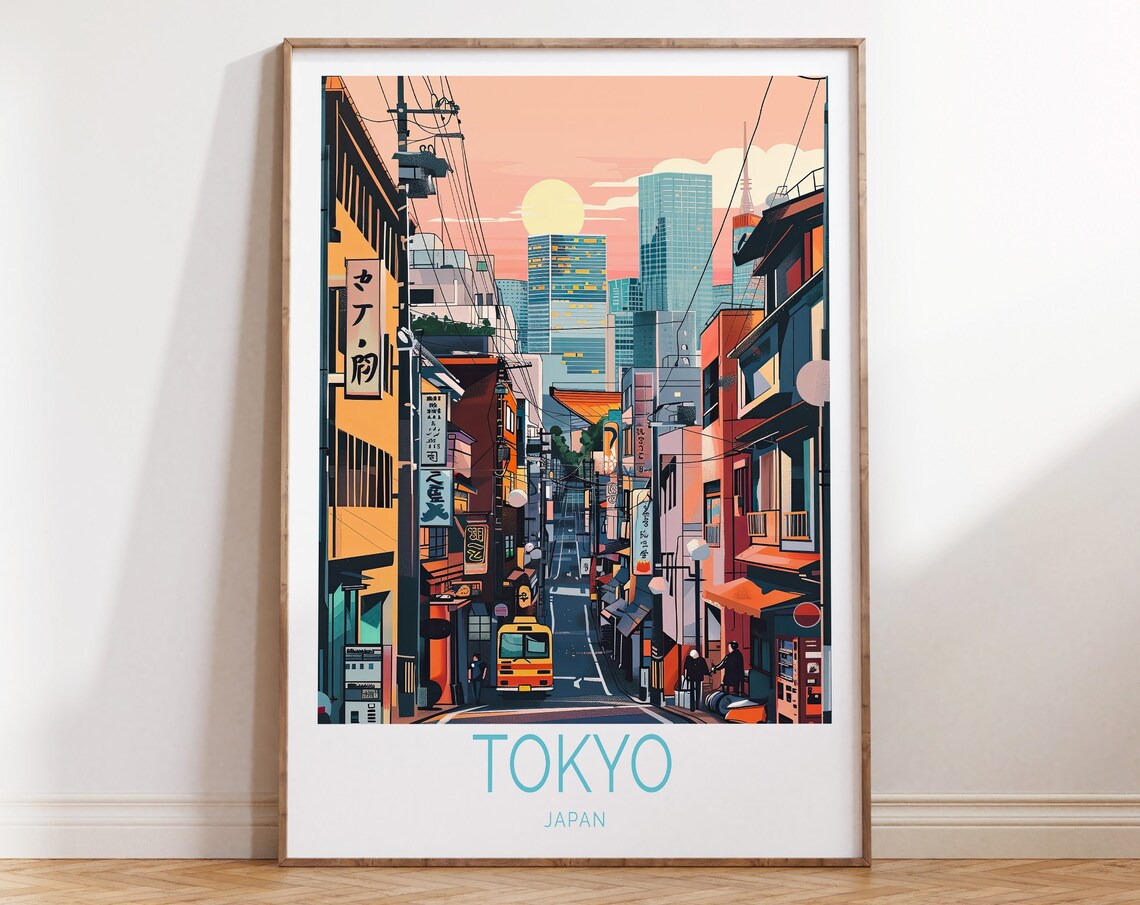 Tokyo Japan Vibrant Busy Street Sunset Neon Cityscape Travel Poster