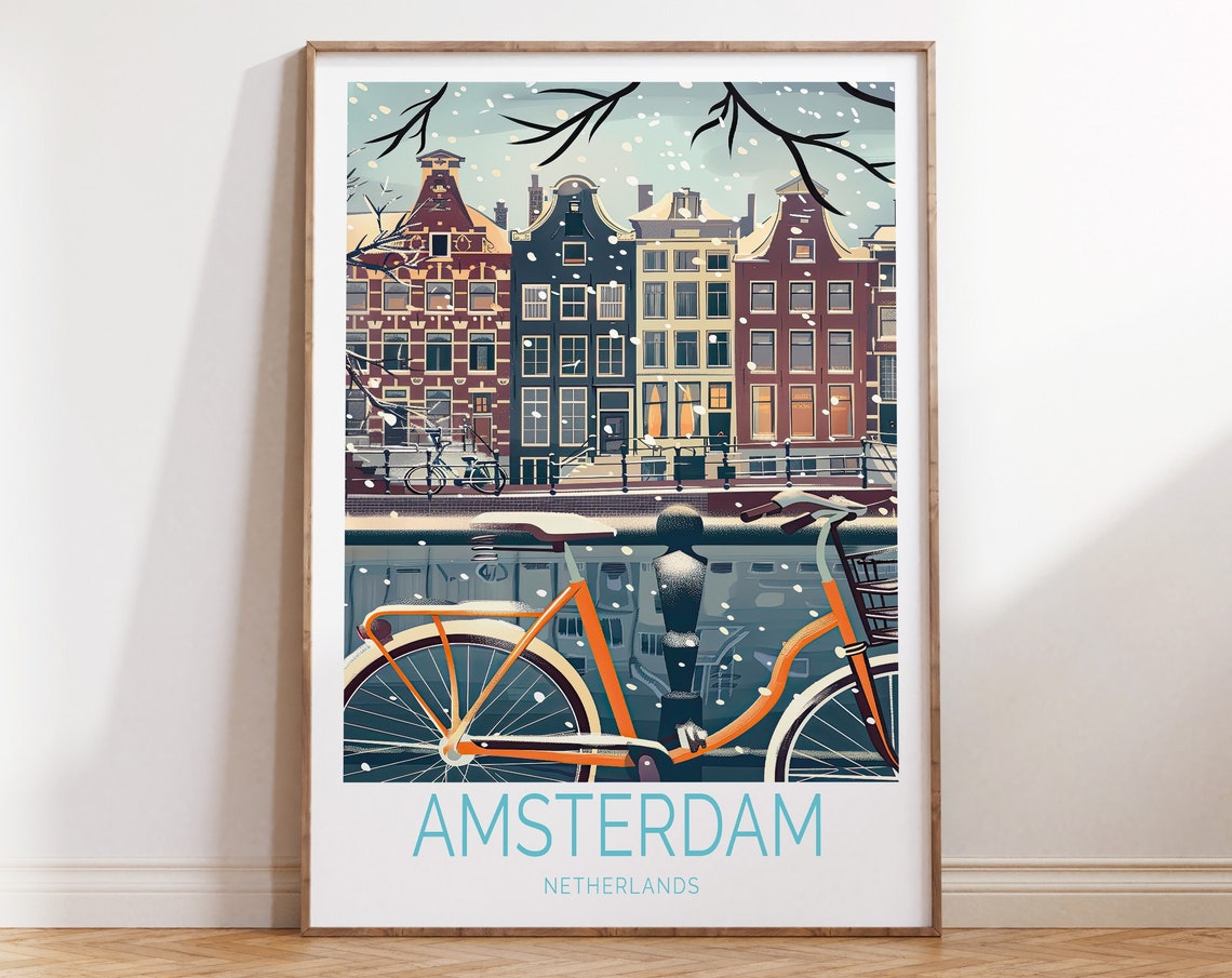Amsterdam Netherlands Winter Canal Bicycle Scene Travel Poster