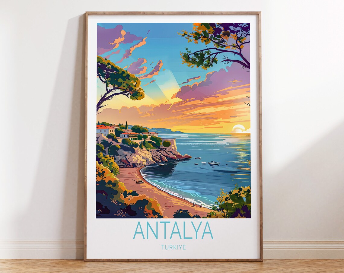 Antalya Turkiye Sunset Beach Coastline Scene Travel Decor Poster