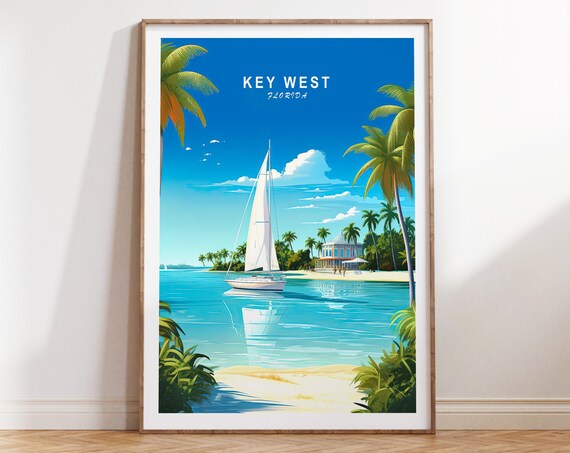 Key West Florida Sailboat Beach And Palms Travel Poster Text Top