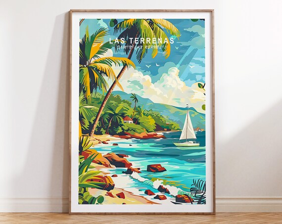 Las Terrenas Dominican Republic Tropical Beach Palm Sailboat Travel Poster