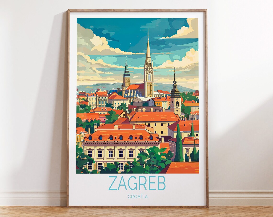 Zagreb Croatia Old Town Cathedral Skyline Sunny Travel Poster
