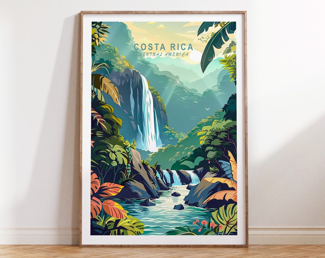 Costa Rica Central America Jungle Waterfall Illustration Poster
