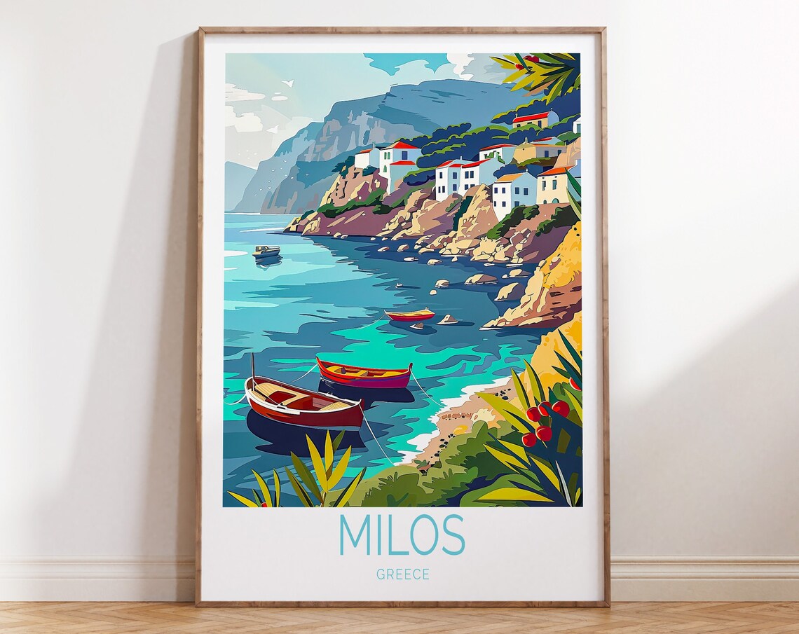 Milos Greece Whitewashed Village Turquoise Cove Travel Poster