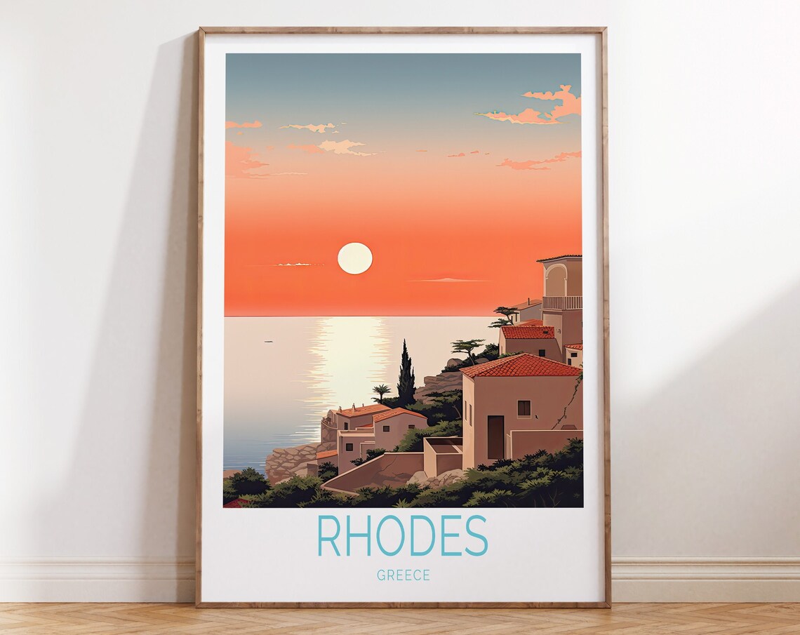 Rhodes Greece Sunset Cliffside Houses Aegean Sea Horizon Travel Poster