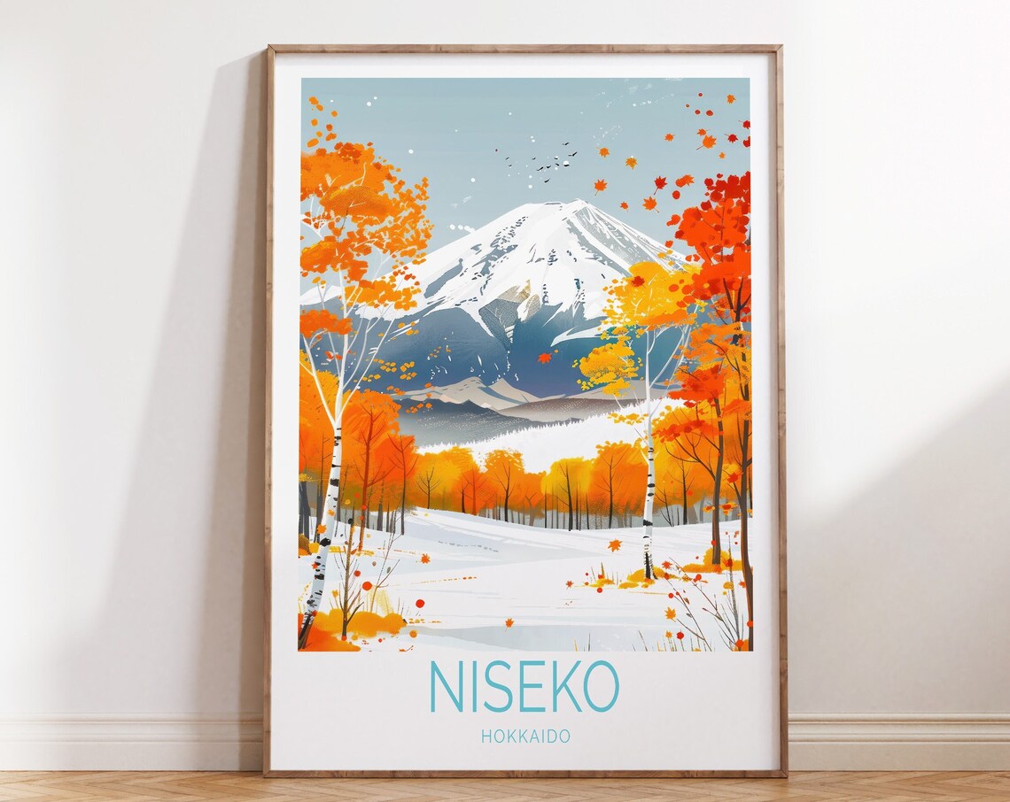 Niseko Hokkaido Japan Travel Poster Snowy Peak Autumn Birch Forest