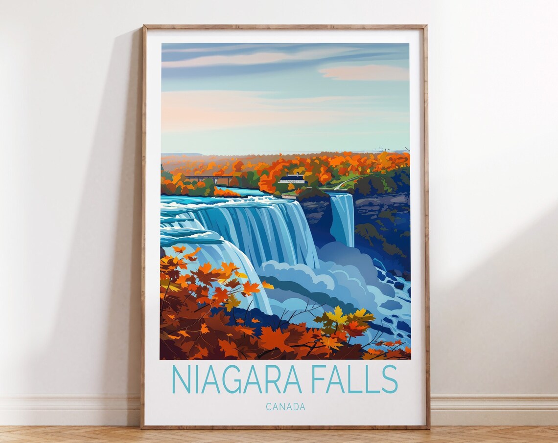 Niagara Falls Canada Travel Poster Waterfalls In Autumn Colors Scene