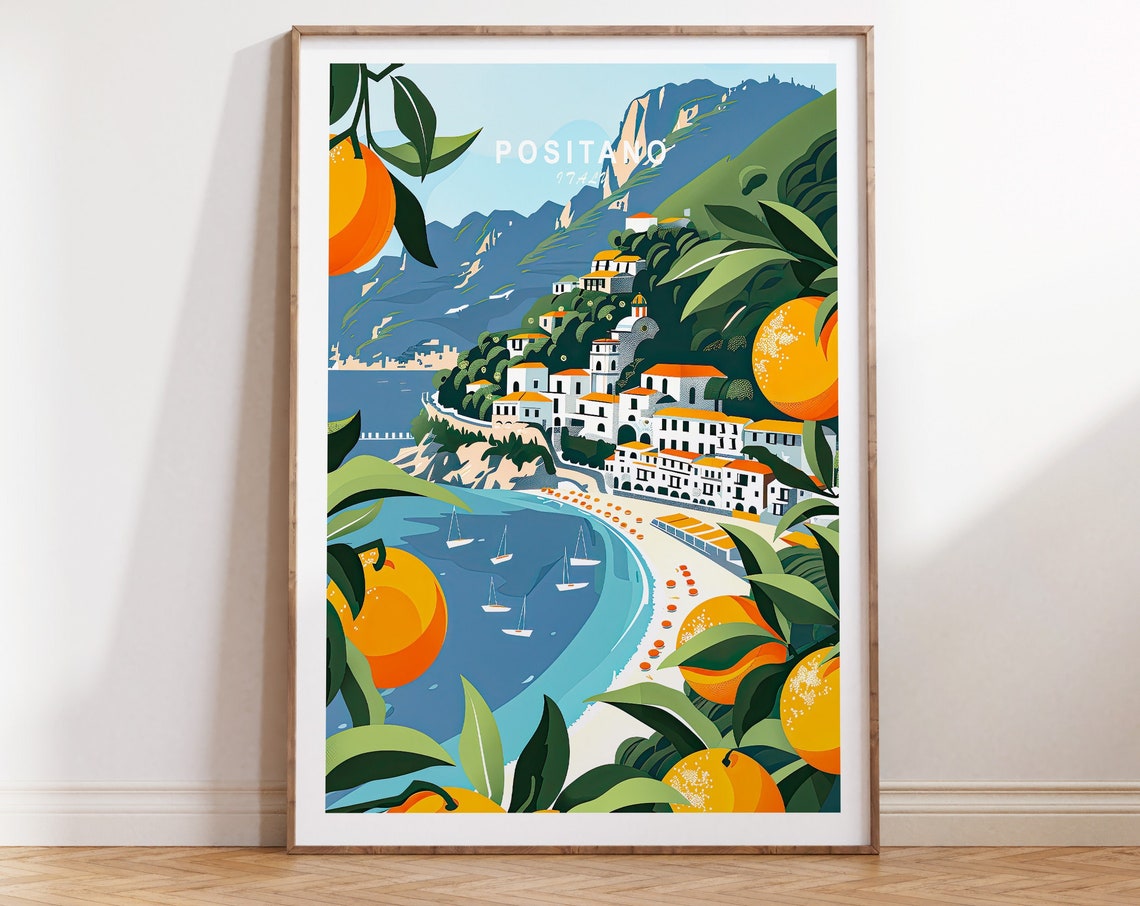 Positano Italy Amalfi Coast Oranges Retro Illustration Poster