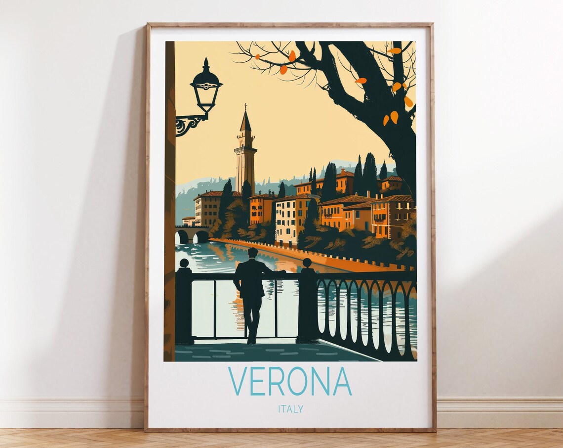 Verona Italy Riverside Bridge Illustrated Vintage Travel Poster