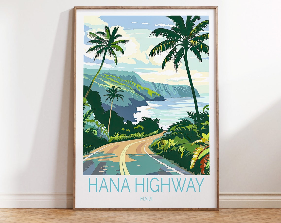 Hana Highway Maui Lush Palm Coastal Drive Vintage Travel Poster