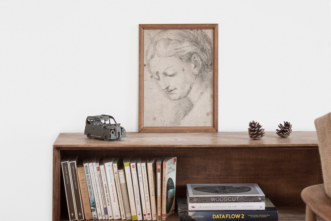 Antique Silverpoint Study of a Bowed Female Head Vintage Sketch Poster - Image 2