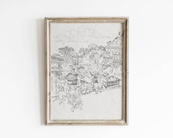 Vintage Tropical Village Architectural Sketch Wall Art Historic Architecture Illustration Minimalist Art