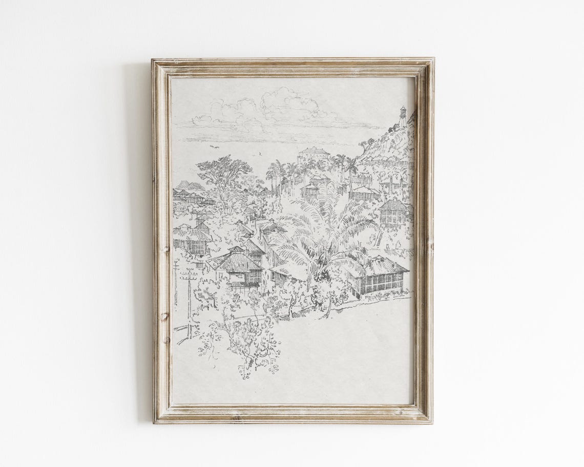 Vintage Tropical Village Architectural Sketch Wall Art Historic Architecture Illustration Minimalist Art