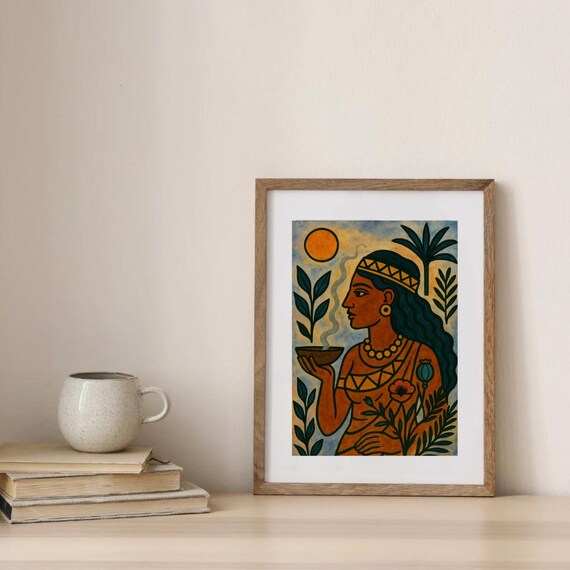 Ancient Goddess Holding Ritual Cup Palm Trees Sun Art Poster