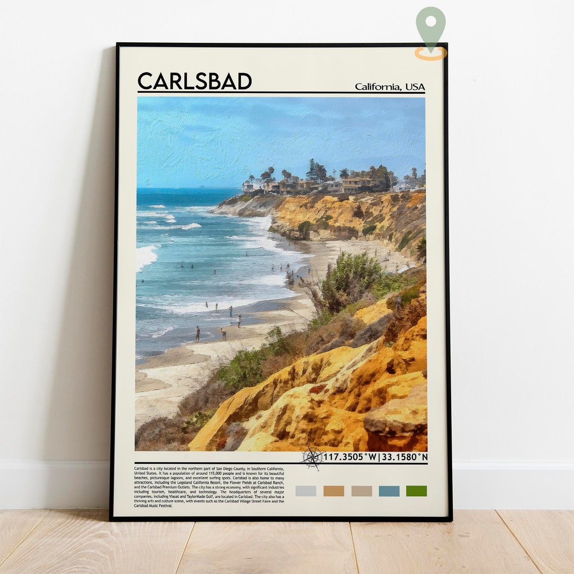 Carlsbad California Beach Cliffs Ocean Painted Coastal Travel Poster - Image 3