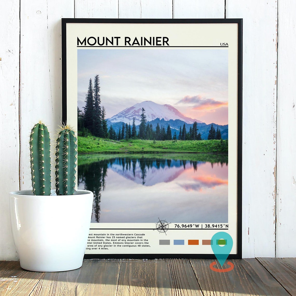 Mount Rainier USA Snow Peak Lake Reflection Wildflower Travel Poster - Image 3