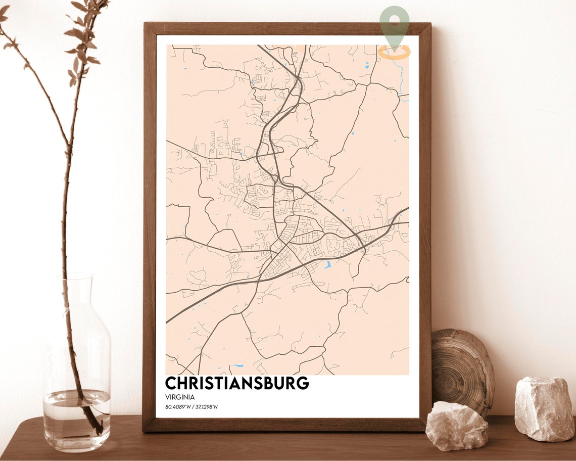 Christiansburg Virginia Red Background White Line City Map Art Print - Image 4