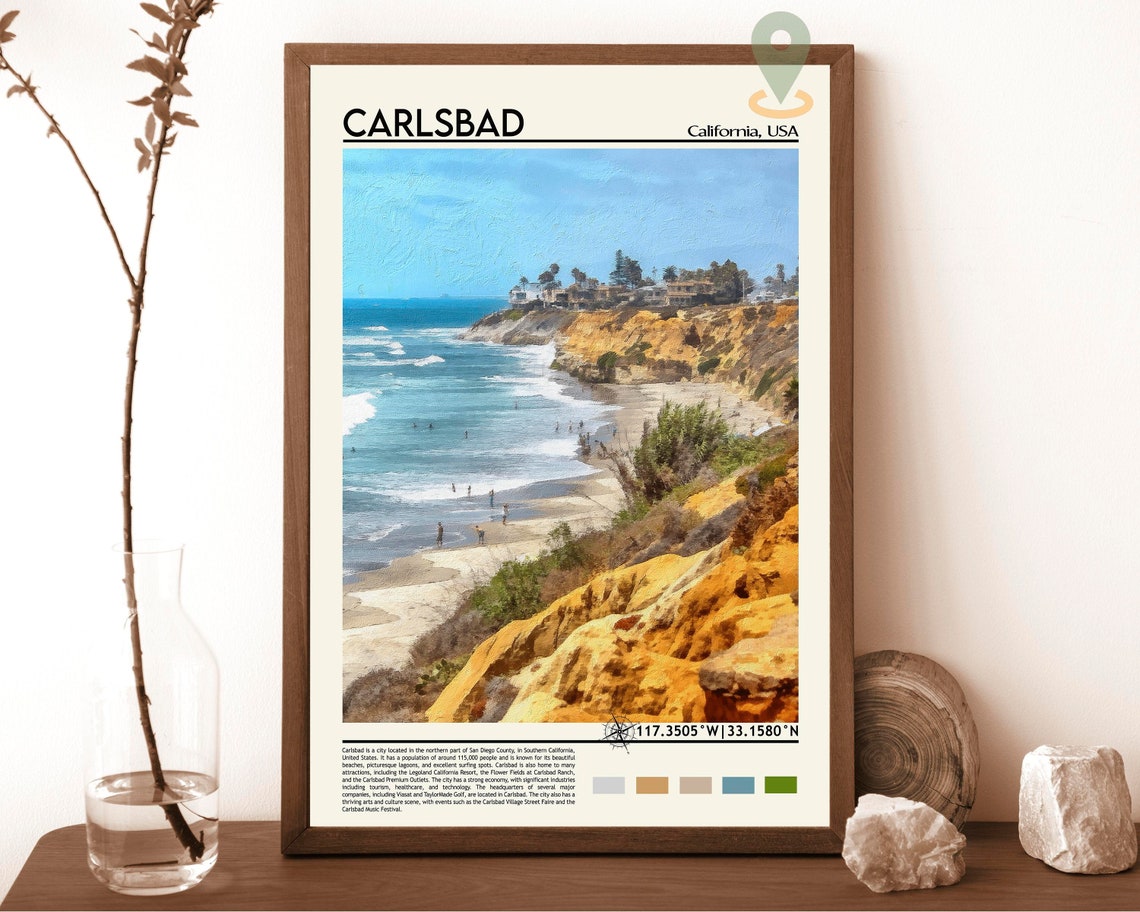 Carlsbad California Beach Cliffs Ocean Painted Coastal Travel Poster