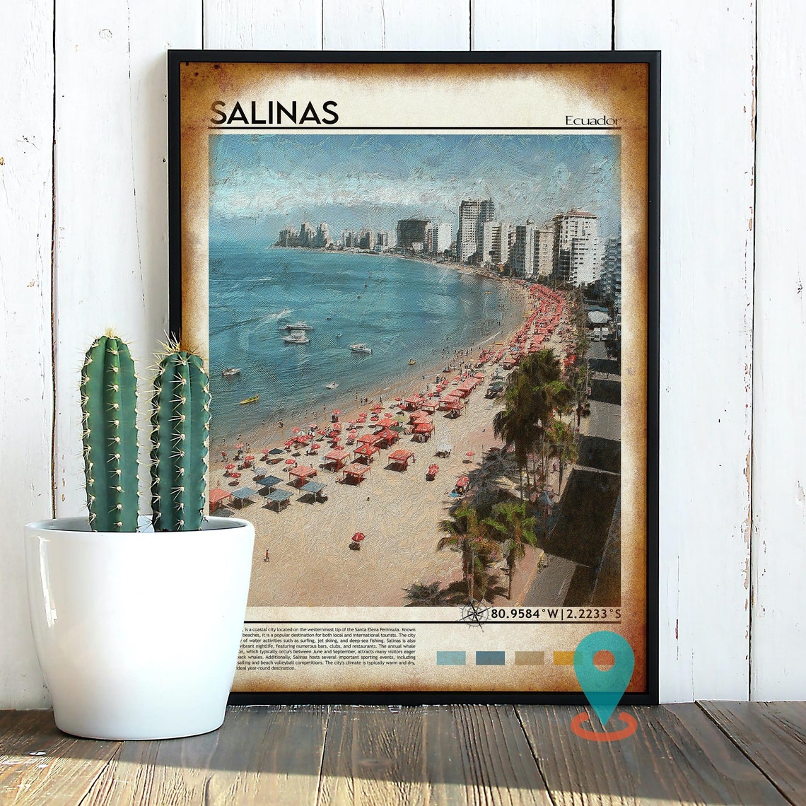 Salinas Ecuador Beach Aerial Red Umbrellas Coastal Scene Poster - Image 2