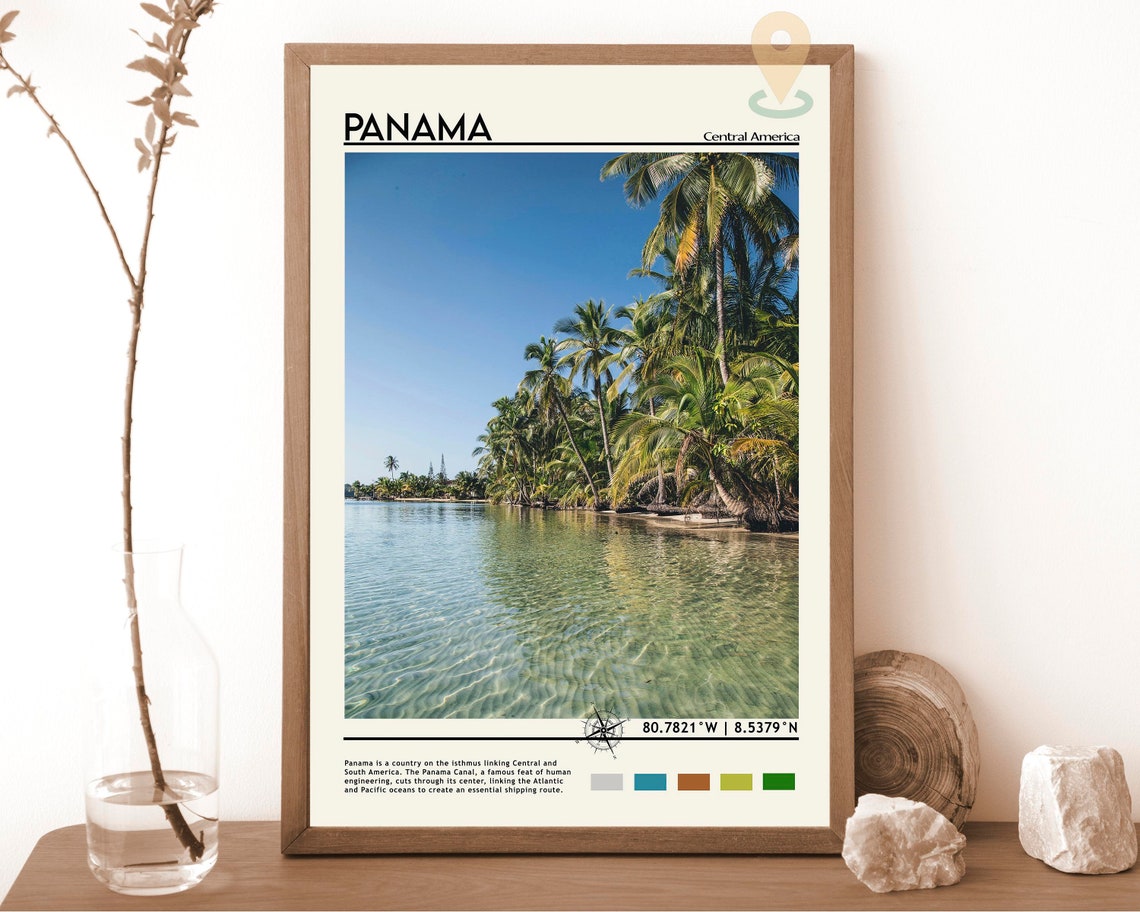 Panama Tropical Beach Palm Trees Central America Travel Art Poster