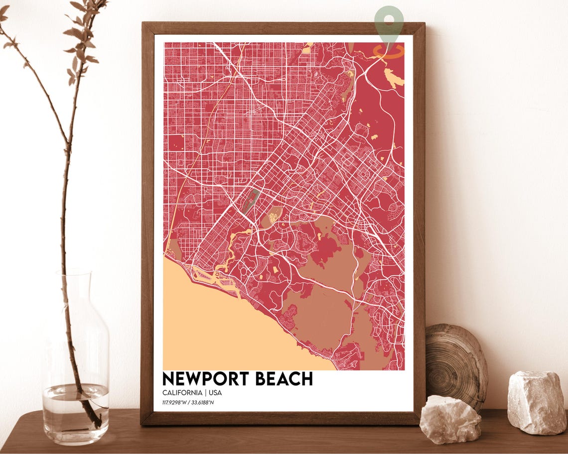 Newport Beach California USA Teal Orange Coastal Map Art Poster - Image 4